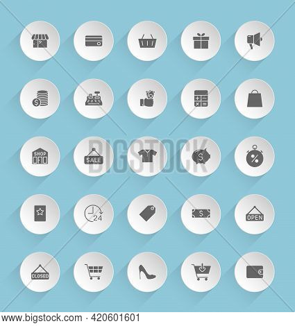 Shopping Vector Icons On Round Puffy Paper Circles With Transparent Shadows On Blue Background. Shop