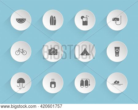 Summer Vector Icons On Round Puffy Paper Circles With Transparent Shadows On Blue Background. Summer