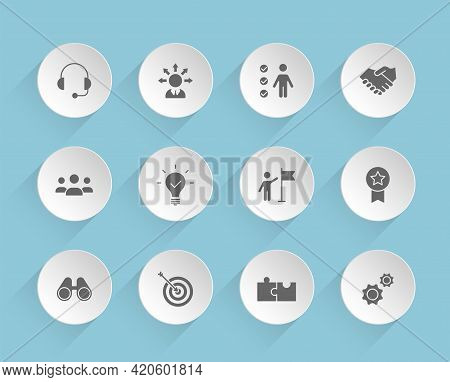 Teamwork Vector Icons On Round Puffy Paper Circles With Transparent Shadows On Blue Background. Team