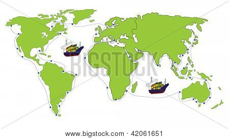 Trasporto merci logistica con mappa del mondo