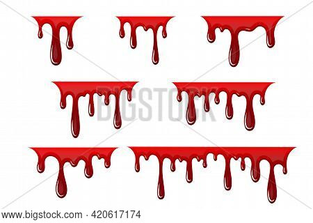 Blood Drip 3d Set. Halloween Bloodstain Isolated White Background. Splatter Stain. Horror Drop Flow.