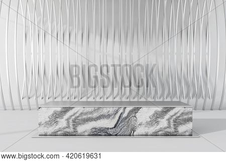 Silver Platform Stand Decoration. Luxury Marble Mockup Stand For Product Display, Advertising Goods.