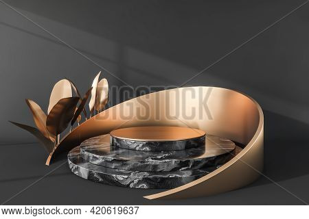 Black And Golden Platform Stand. Luxury Marble Mockup Stand For Product Display, Advertising Goods. 