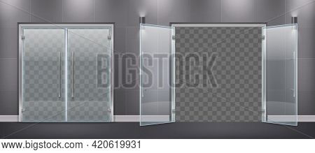 Glass Door Entrance Realistic Composition With Closed And Open Door Leaves With Metal Handles And Si