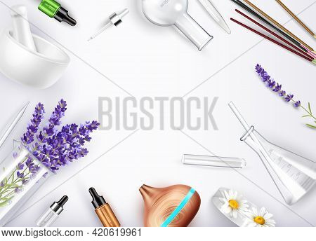 Aromatherapy Realistic Background With Aroma Lamp Glass Flasks Flowers Joss Sticks Bottles For Essen