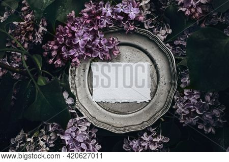 Moody Spring Wedding Stationery Mockup Scene. Blank Greeting Card, Invitation On Vintage Silver Plat