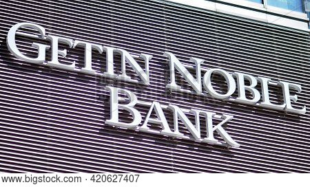 Warsaw, Poland. 10 May 2021. Sign Getin Noble Bank. Company Signboard  Getin Noble Bank.