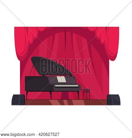 Concert Hall Or Theatre Stage With Piano And Red Curtains Flat Vector Illustration