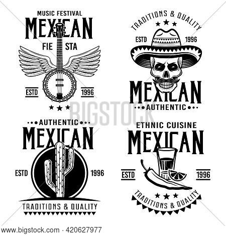 Mexican Set Of Four Vector Emblems, Labels, Badges Or Logos In Monochrome Vintage Style Isolated On 