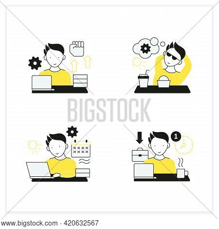Workaholic Flat Icons Set. Workaholism Prevention And Consequences. Workaholism Treatment, Ethic And