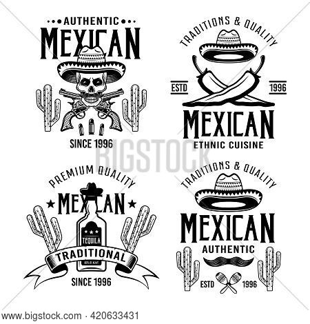 Mexican Style Set Of Four Vector Emblems, Labels, Badges Or Logos In Monochrome Isolated On White Ba