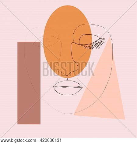Minimalist Portrait Of Female Face By One Continuous Line. Hand Drawn Abstract Feminine Print On A B