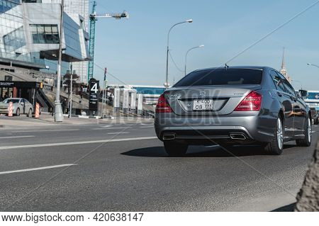 Premium Class Sedan Mercedes-benz W221 S-class At The City Street. Moscow, Russia - March 2021