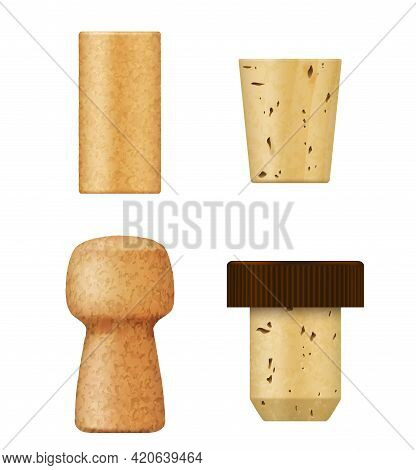Corks And Wine Stoppers For Bottle, Vector Realistic 3d Objects. Champagne And Cognac Alcohol Drink 