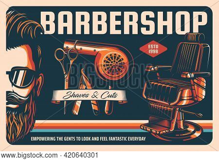 Barbershop Retro Poster, Barber Shop Haircut Salon, Beard And Mustache Grooming, Vector. Barbershop 