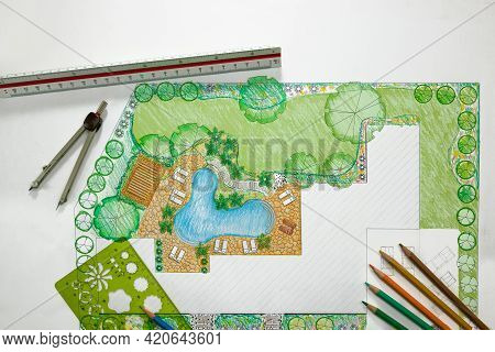 Backyard Garden And Pool Design Plan For Villa.