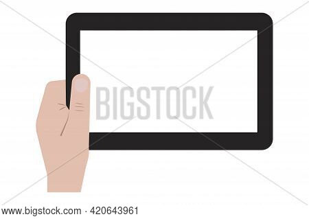Tablet In Hand. Smart Device. Digital Communication. Hand Touch Screen Icon. Stock Image. Vector Ill