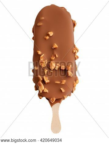 Caramel Ice Cream Isolated On White Background. Icecream Popcircle With Caramelized Nuts