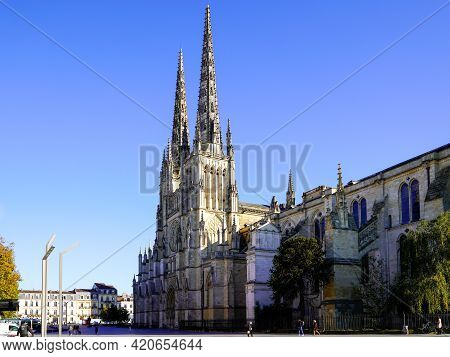 Bordeaux , Aquitaine France - 05 14 2021 : Famous Cathedrale Saint-andre Facade In Bordeaux City Fra