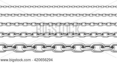 Realistic Seamless Metal Chain With Silver Links Isolated On White Background. Vector Illustration.
