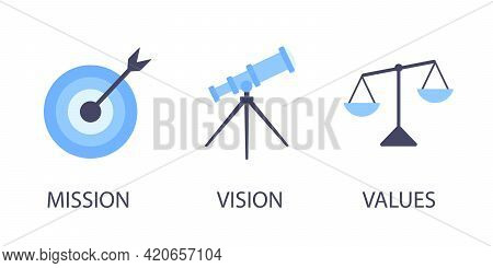 Mission, Vision And Values Flat Style Design Icons Signs Web Concepts Vector Illustration Set Isolat