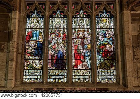 Stratford-upon-aivon, Great Britain - September 15, 2014: This Is One Of The Medieval Stained Glass 