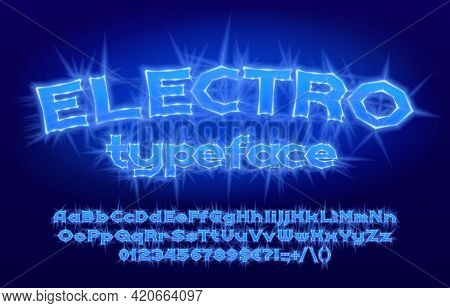 Electro Alphabet Font. Electric Letters, Numbers And Punctuation. Uppercase And Lowercase. Stock Vec