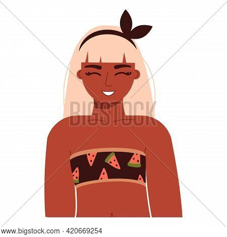 Girl In A Swimsuit On Vacation. Woman With Dark Skin In Beachwear. Adorable Smiling Young African Am