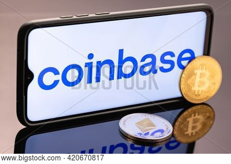 Kazan, Russia - May 16, 2021: Coinbase, Is An American Company That Operates A Cryptocurrency Exchan