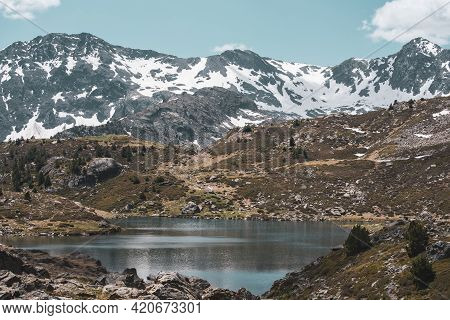 Beautiful View Hiking In The Andorra Pyrenees Mountains In Ordino, Near The Lakes Of Tristaina.