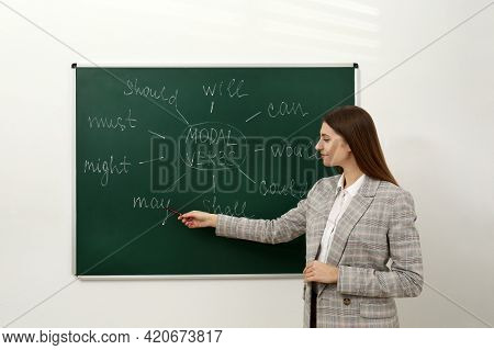 English Teacher Giving Lesson On Modal Verbs Near Chalkboard In Classroom