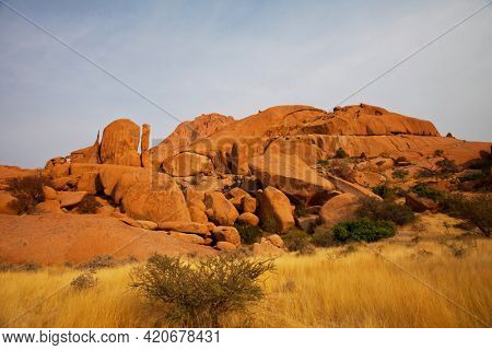 African landscapes -hot yellow bush, stines,  trees  and blue sky. Conceptual african background.