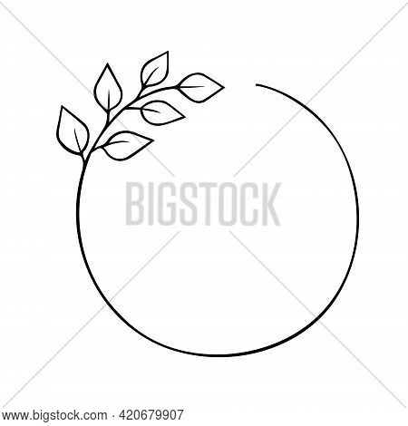 Twig Round Wreath With Leaves Hand Drawn Doodle Outline. Frame Border Black Design Element. Greeting
