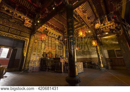 Penang, Malaysia - February 14,2019 : Elaborate Detailed Of Leong San Tong Khoo Kongsi Clanhouse In 