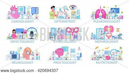 Cardiologist, Ophthalmologist, Pulmonologist, Defectologist, Vector Template Set