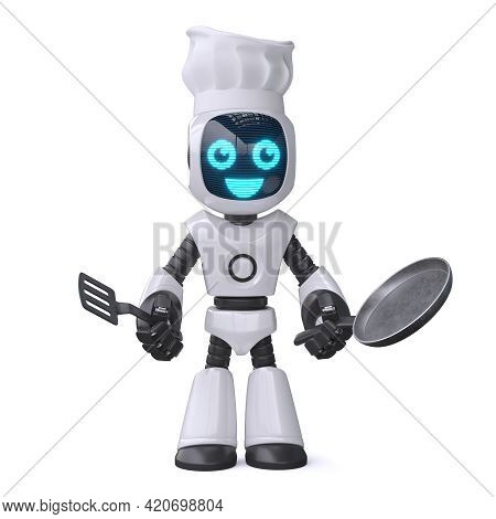 Little Robot Cook Holding Cooking Pan, Chef Robot 3d Rendering