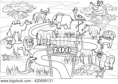 Zoo Jungle, Safari Animals Coloring Book Edicational Illustration For Children. Set Cute Lion, Croco
