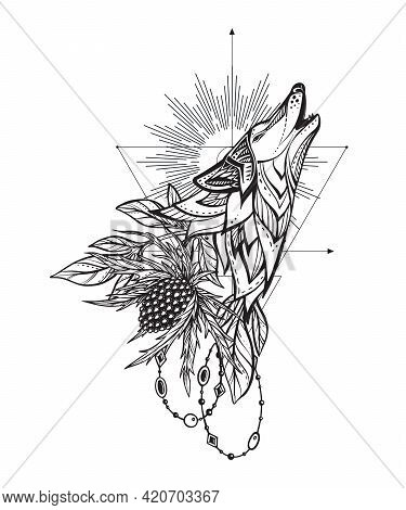 Vector Illustration Of Black And White Wolf, Feverweed Flower, Beads, Sacral Geometric Simbols Isola