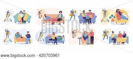 Set Of Illustrations About People On Self-isolation Treating At Home. Immunity Level Changes Due To 