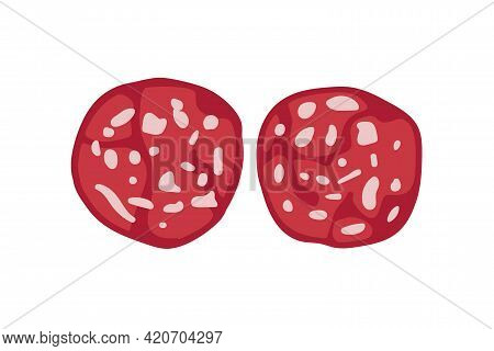 Sausage Slices. Overhead View Of Isolated Fried Round Slice Of Sausage Salami Vector Flat On White B