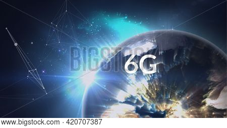 Composition of 6g text over globe with connections on glowing blue background. global networks, communication and technology concept digitally generated image.