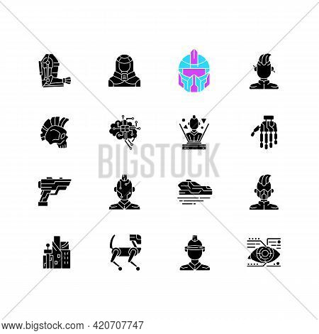 Cyberpunk Black Glyph Icons Set On White Space. Science Fiction. Futuristic Technology. Body Augment