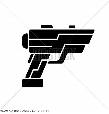 Laser Weapon Black Glyph Icon. Ray Gun. Beam Pistol. Dystopian War. Cyberpunk Movie, Sci Fi Game. Fu