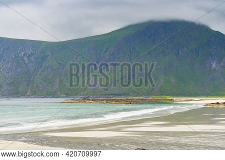 Sea Coastline And Ramberg Beach On Flakstadoy. Nordland County, Lofoten Norway.