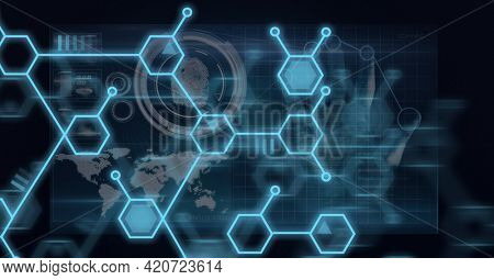 Composition of network of chemical compounds and scope scanning over world map. global science, research, connection, technology and digital interface concept digitally generated image.