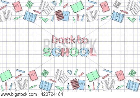 Back To School Hand Lettering, Border Of School Supplies And Office Stationary Stickers And Patches 