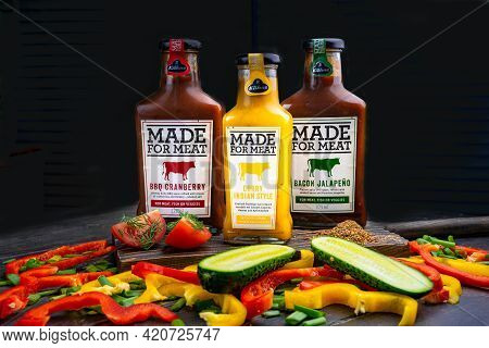 Kazan, Russia. May 12, 2021. Kuhne Made For Meat Tomato Sauces