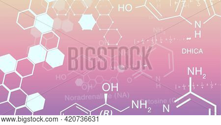 Composition of white chemical compounds structures on yellow to orange background. global research, medicine and science concept digitally generated image.