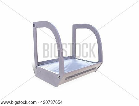 Showcase For Products, Goods, Medical Laboratories. Empty Glass Exhibition Stand, Platform In Neon L