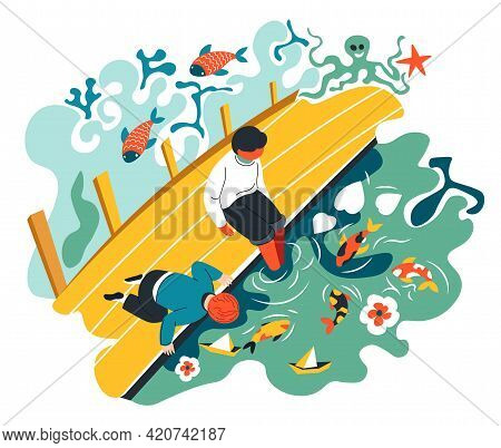 Children Playing By Garden With Pond With Koi Fish